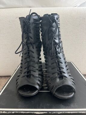 MIA Black Lace-Up Cutout Peep-Toe Heels